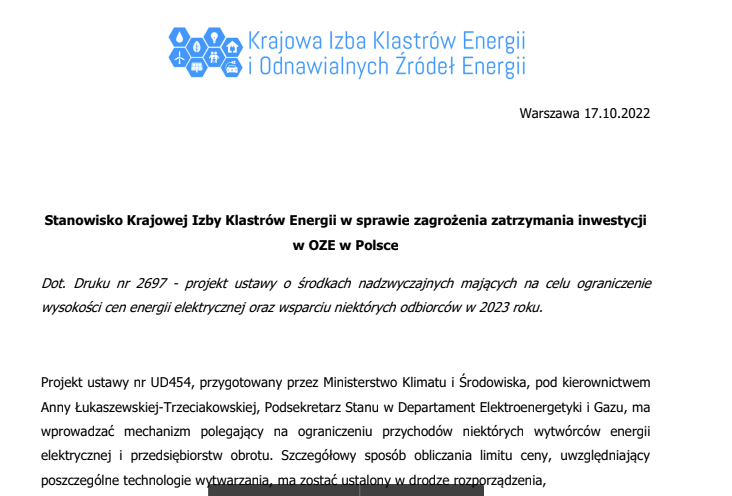 Stanowisko Krajowej Izby Klastrów Energii w sprawie zagrożenia zatrzymania inwestycji w OZE w Polsce